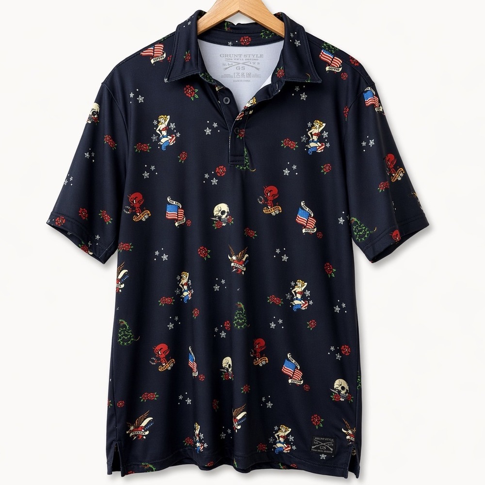 Grunt Style Men Medium Polo Shirt Tattoo Flash Patriotic Pinup Skull Utility